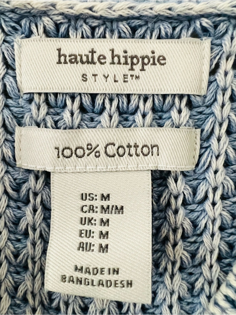 Haute Hippie Cropped Acid Wash Chunky Knit V Neck Sweater SZ M 100% Cotton blue - Picture 3 of 9